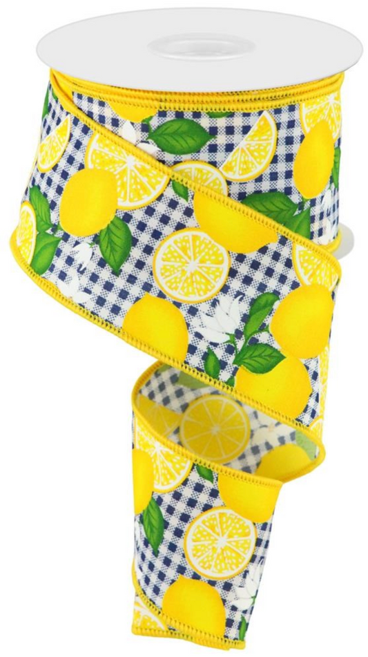 10 Yards - 2.5" Navy Gingham Check with Lemons