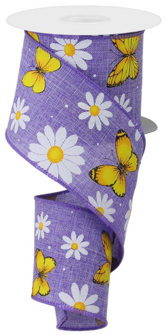 10 Yards - 2.5" Purple Ribbon with Butterflies and Daisies