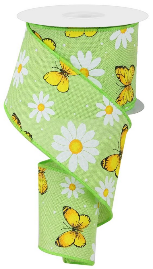 10 Yards - 2.5" Lime Green Ribbon with Butterflies and Daisies