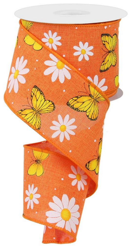 10 Yards - 2.5" Orange Ribbon with Butterflies and Daisies