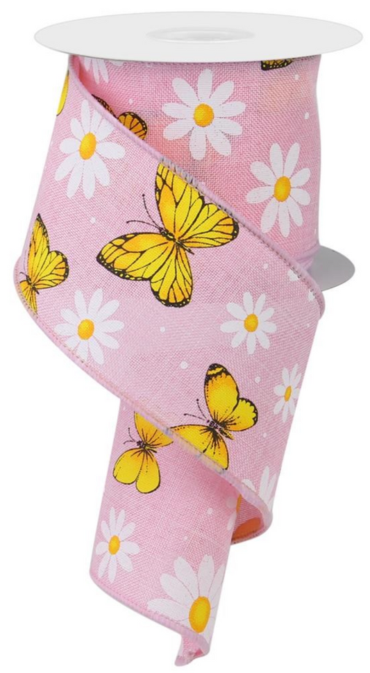 10 Yards - 2.5" Pink Ribbon with Butterflies and Daisies