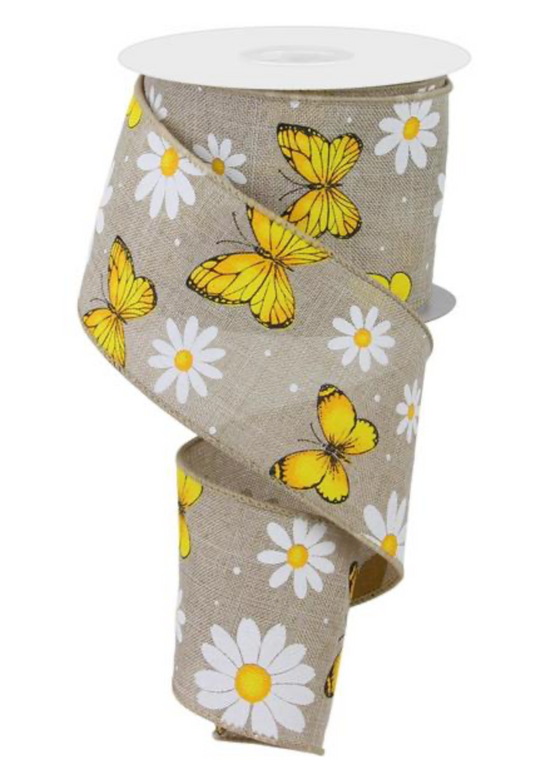 10 Yards - 2.5" Natural Ribbon with Butterflies and Daisies