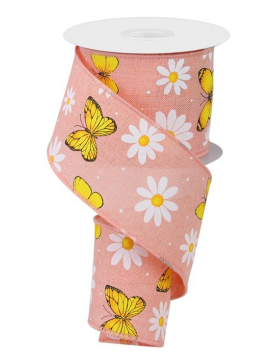 10 Yards - 2.5" Peach Ribbon with Butterflies and Daisies