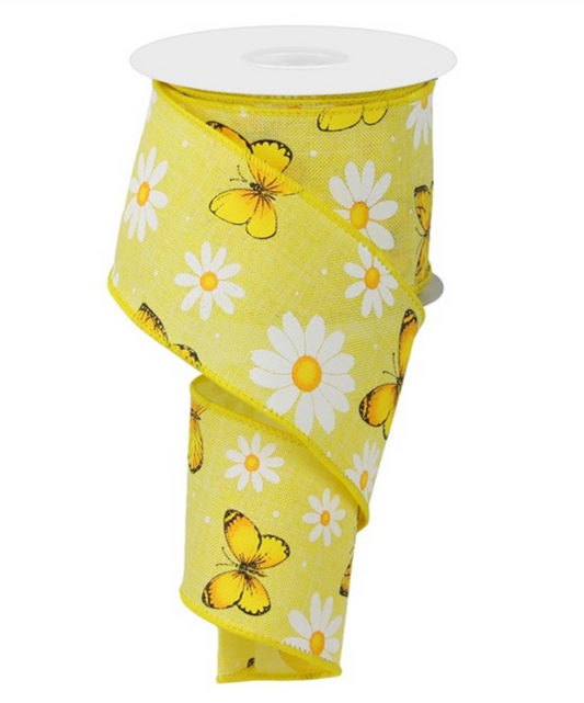 10 Yards - 2.5" Yellow Ribbon with Butterflies and Daisies