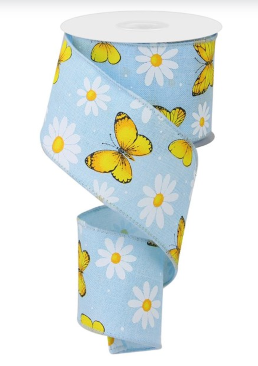 10 Yards - 2.5" Baby Blue Ribbon with Butterflies and Daisies