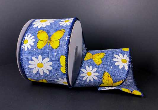 10 Yards - 2.5" Navy 'Denim' Ribbon with Butterflies and Daisies