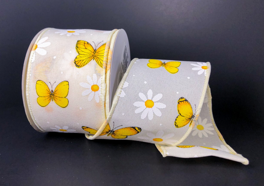 10 Yards - 2.5" Cream Ribbon with Butterflies and Daisies