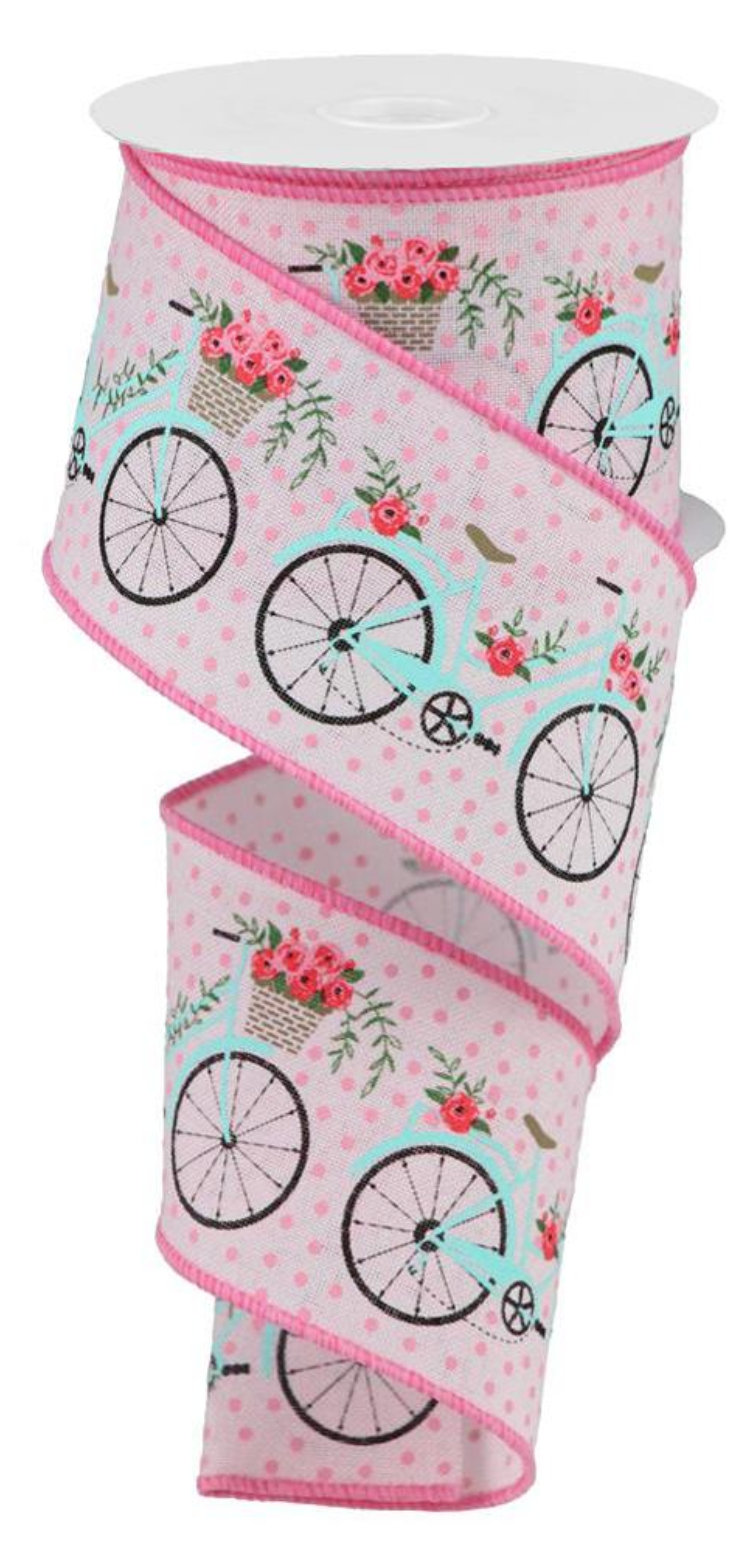 10 Yards - 2.5" Pink Ribbon with Bicycles