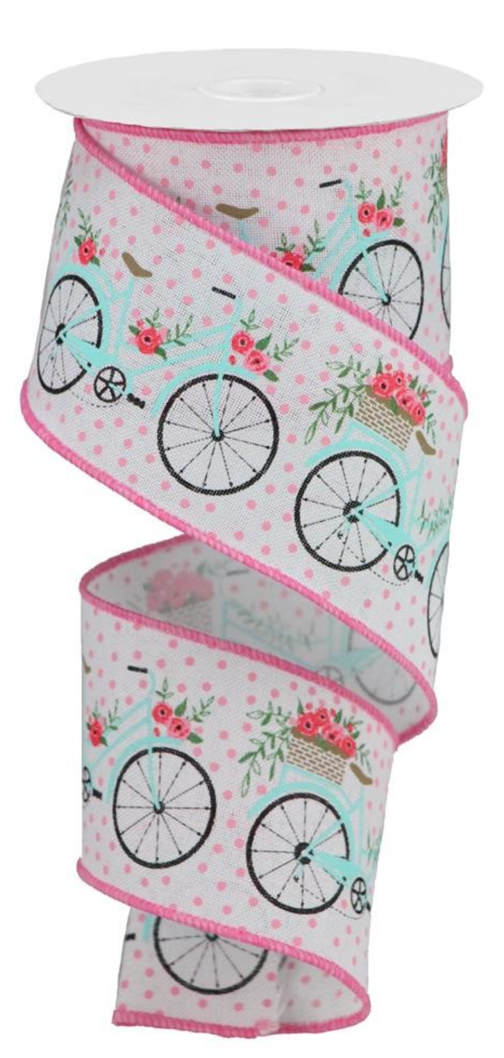 10 Yards - 2.5" White Ribbon with Bicycles